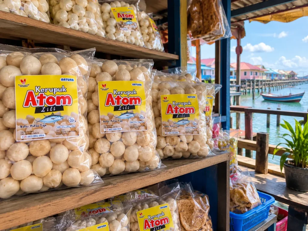 Kerupuk atom Natuna dalam kemasan plastik yang dipajang di rak warung dekat pelantar kuliner khas tanjung pinang