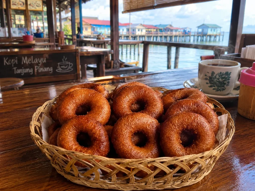 Kue deram-deram berbentuk cincin di keranjang pada kedai kopi Melayu menjadi kuliner makanan khas tanjung pinang
