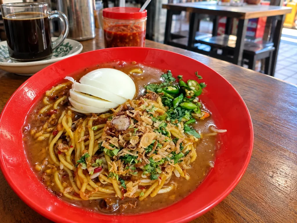 Mi lendir kuliner khas Tanjung Pinang dengan telur rebus dan bawang goreng