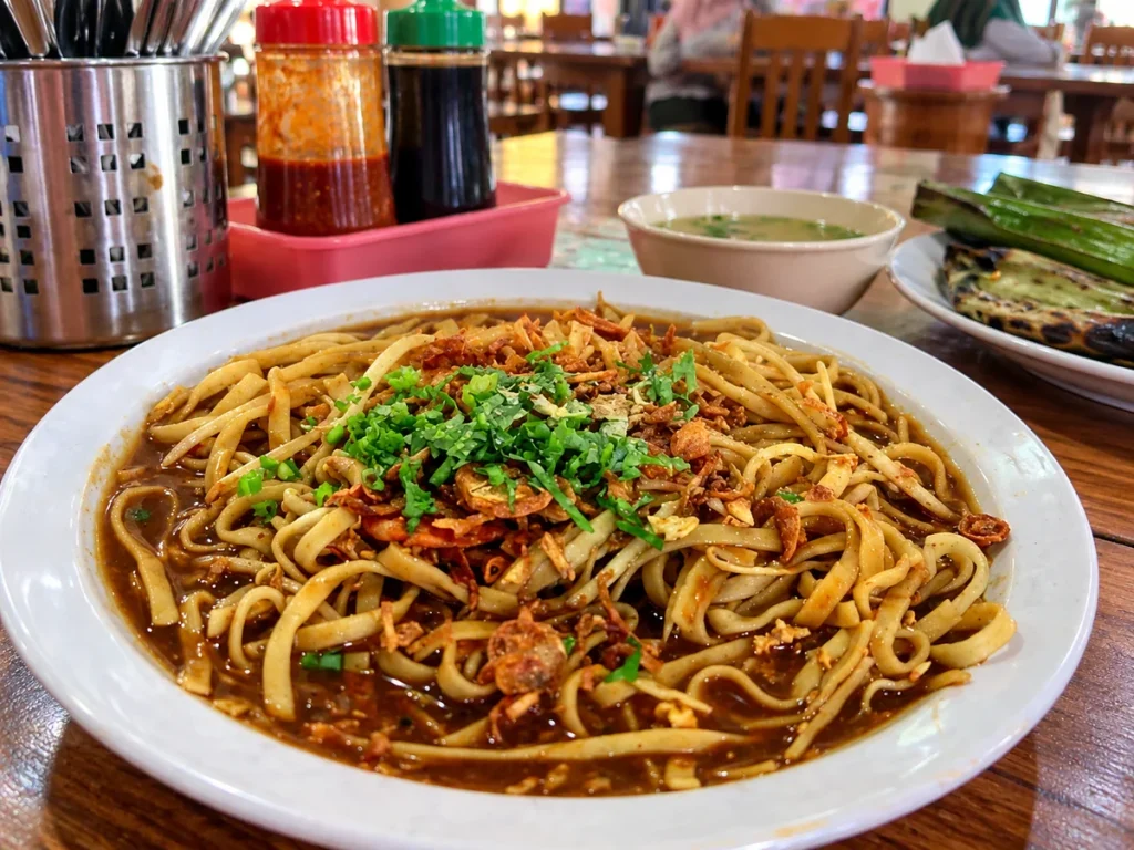 Mi Tarempa dengan bumbu kecokelatan dan taburan bawang goreng di rumah makan menjadi kuliner makanan khas tanjung pinang
