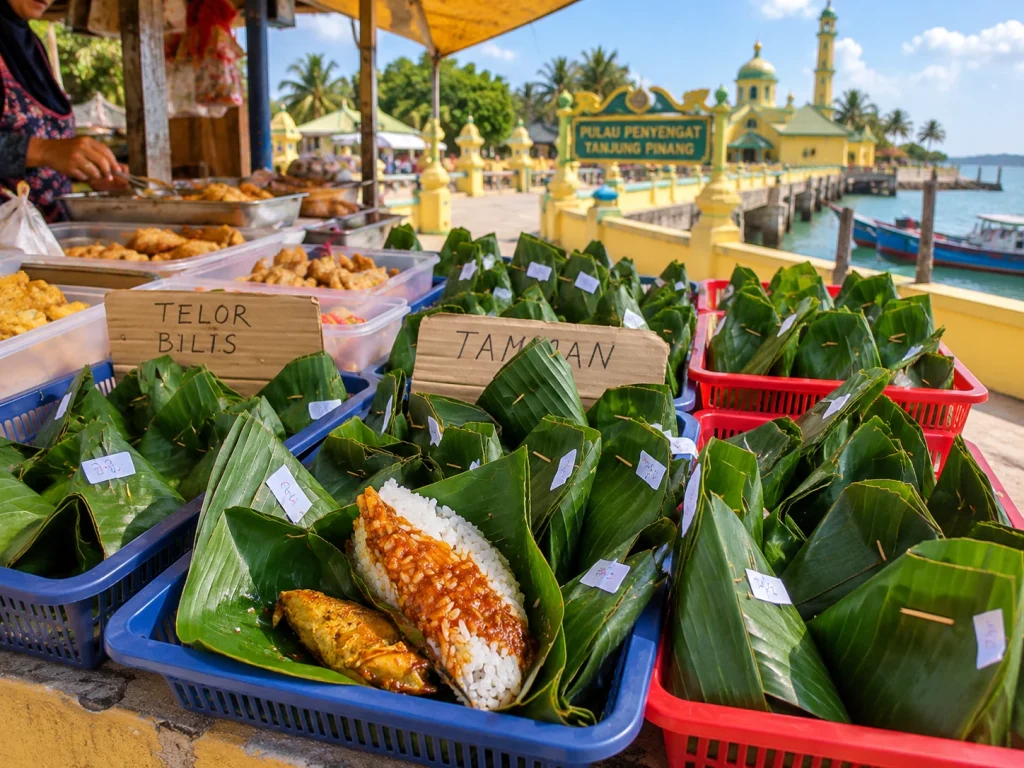 Nasi bungkus daun pisang dan aneka jajanan di lapak pinggir jalan Pulau Penyengat makanan kuliner khas Tanjung Pinang kepulauan riau