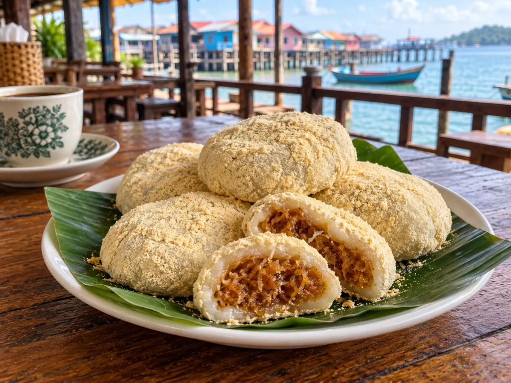 Kue tepung gomak berbalut tepung kacang hijau dengan isian kelapa dan gula makanan kuliner khas tanjung pinang